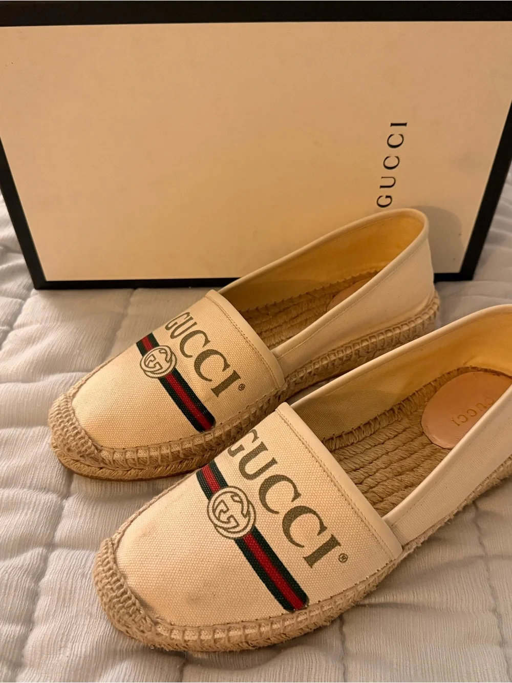 Gucci Beige Canvas Logo Espadrilles with Red-Green Web Stripe